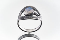 Blue Moonstone Ring, 925 Sterling Silver, Adjustable Hammered Band, Boho Stacking Statement Jewelry, ,Size 5–9 US, Best Gift