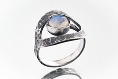 Blue Moonstone Ring, 925 Sterling Silver, Adjustable Hammered Band, Boho Stacking Statement Jewelry, ,Size 5–9 US, Best Gift