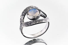 Hammered Sterling Silver Blue Moonstone Ring, Adjustable Boho Jewelry