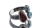 Apatite Ammolite Ammonite adjustable ring in textured 925 sterling silver with open band and multi-stone setting.
