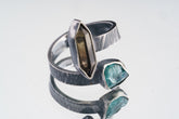 Smoky Quartz Blue Apatite adjustable ring in textured 925 sterling silver with open band and double-stone design.