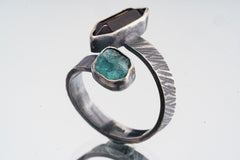 DT Cut Smoky Quartz & Apatite - 925 Sterling Silver - Double Stone - Textured, Oxidised - Open Ring Band - Adjustable US 4 - 10 - NO/13