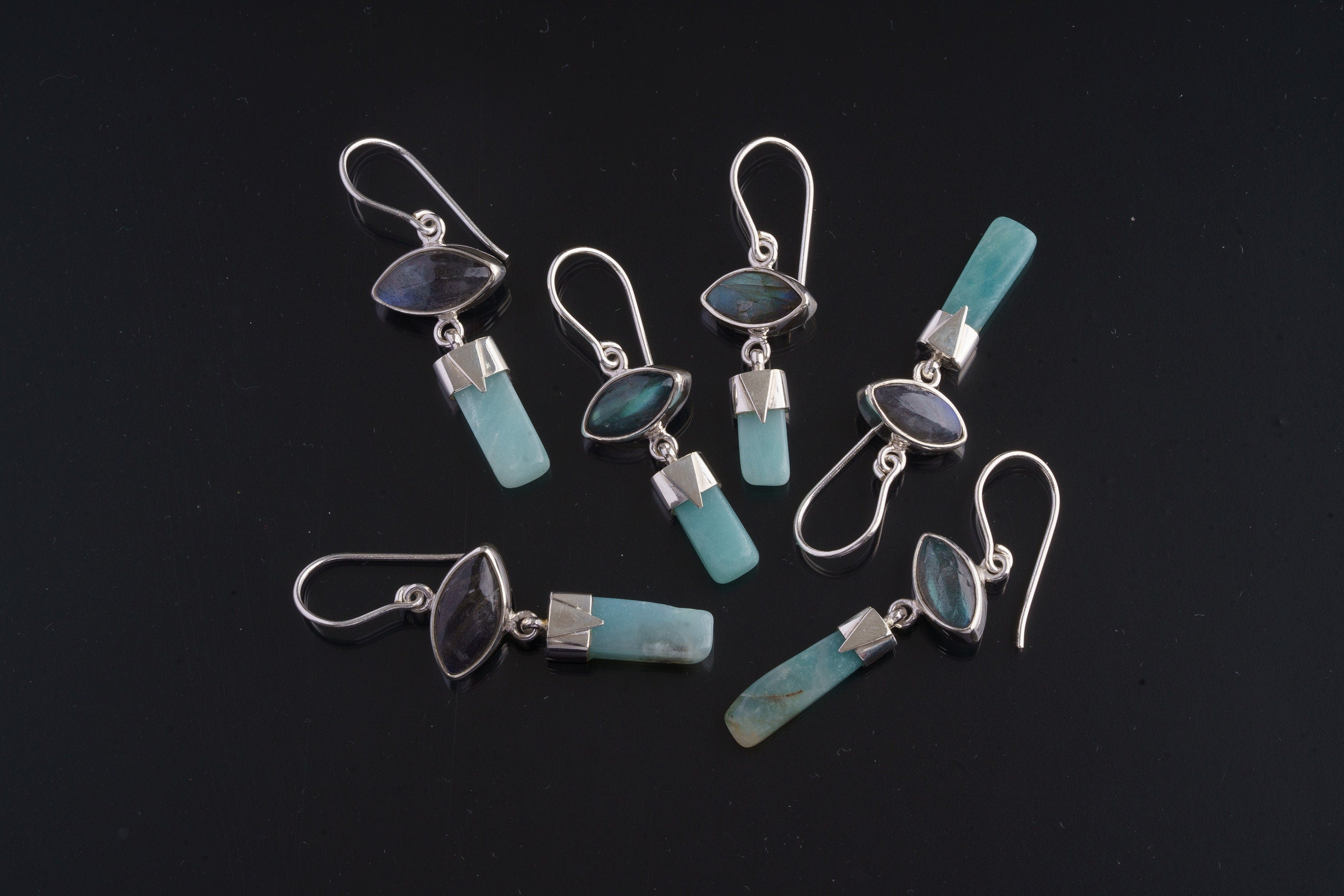 Labradorite Aquamarine dangle earrings in handmade 925 sterling silver with eye-shaped stones and blue gemstone drops.