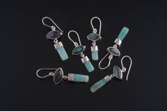 Labradorite Aquamarine dangle earrings in handmade 925 sterling silver with eye-shaped stones and blue gemstone drops.