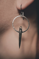 Sterling Silver Hoop Hook Dangle Earrings with Himalayan Double Terminated Chlorite Phantom Quartz Circle Portal Setting Oxidized & Textured