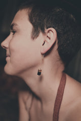 Dravite Tourmaline earrings shown worn on a model, with gold-plated sterling silver hooks and warm brown crystal drops.