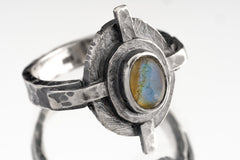 Rainbow Labradorite Compass Ring: Oxidized Sterling Silver Nautical Design