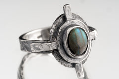 Rainbow Labradorite Compass Ring: Oxidized Sterling Silver Nautical Design