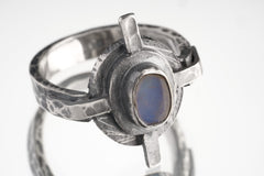 Oxidized Sterling Silver Blue Moonstone Ring: Rustic Compass Design