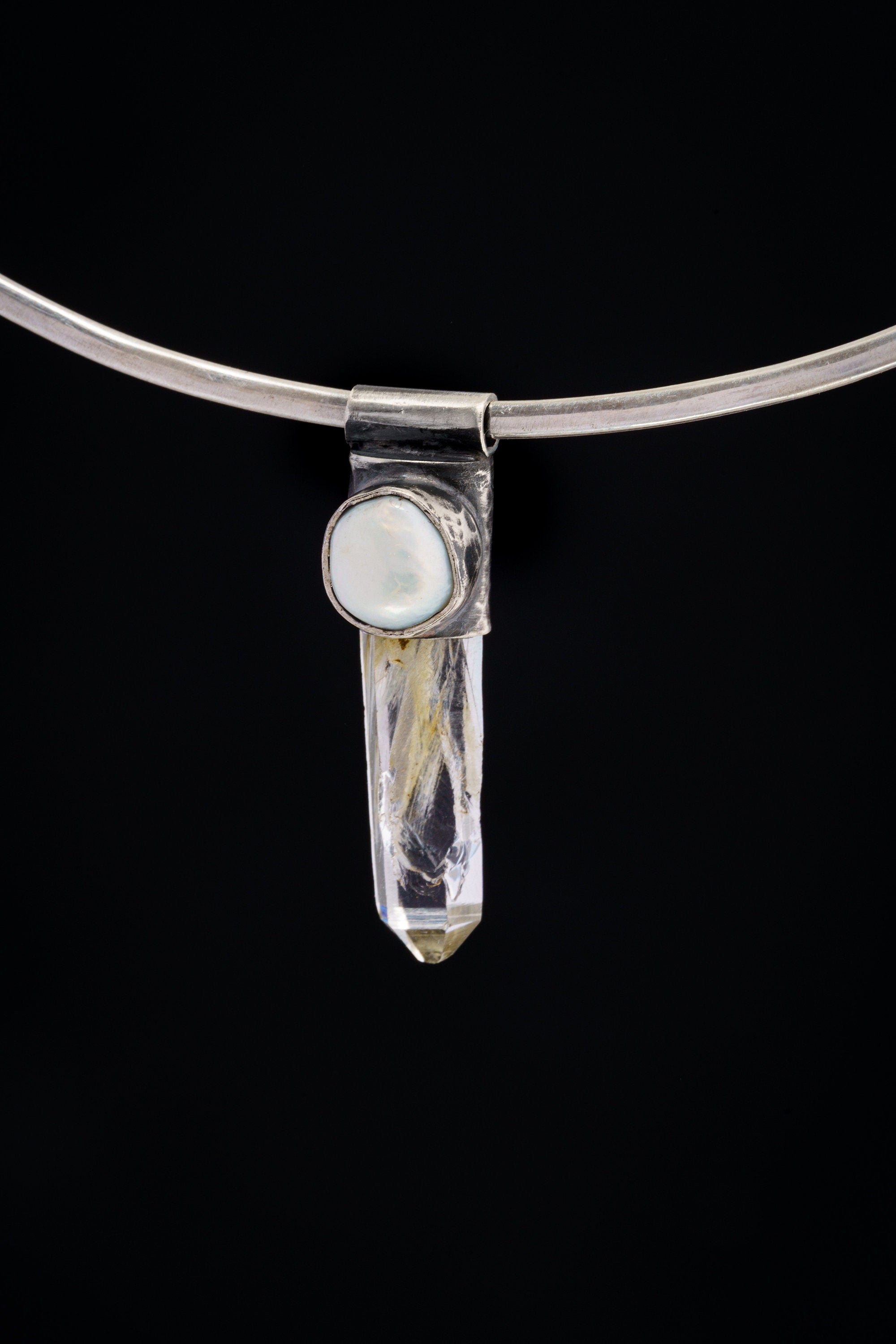 Nepali Quartz & South Sea Pearl Pendant: Oxidized Sterling Silver