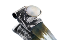 Chlorite Laser Quartz Point Pendant: South Sea Pearl, Oxidized Sterling Silver
