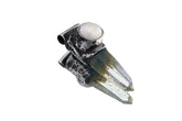 Nepal Inclusion Quartz South Sea Pearl Stack Pendant shown on white background with oxidized sterling silver cap and clear green-toned crystal.