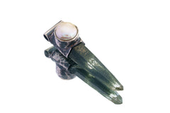 Nepal Quartz and South Sea Pearl Stack Pendant shown on white background with oxidized silver cap and pointed crystal body.