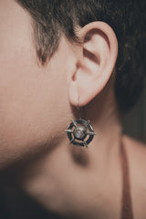 Labradorite Circle Cross earrings shown worn on a model, with sterling silver dangles and old-world talisman shape.