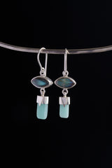 Eye of the Storm earrings displayed on a silver choker, showing Labradorite centres and Aquamarine drops.