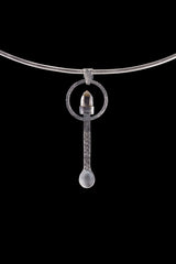 Raw Aquamarine oxidized sterling silver ritual spoon shown on a choker with dark background and handmade spoon form.