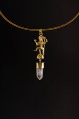 Dancing Shiva Gold Plated Brass Necklace: Himalayan Quartz Talisman Pendant