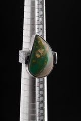 Chrysoprase ring shown beside a ruler for scale, with oxidized 925 sterling silver and substantial handmade setting.
