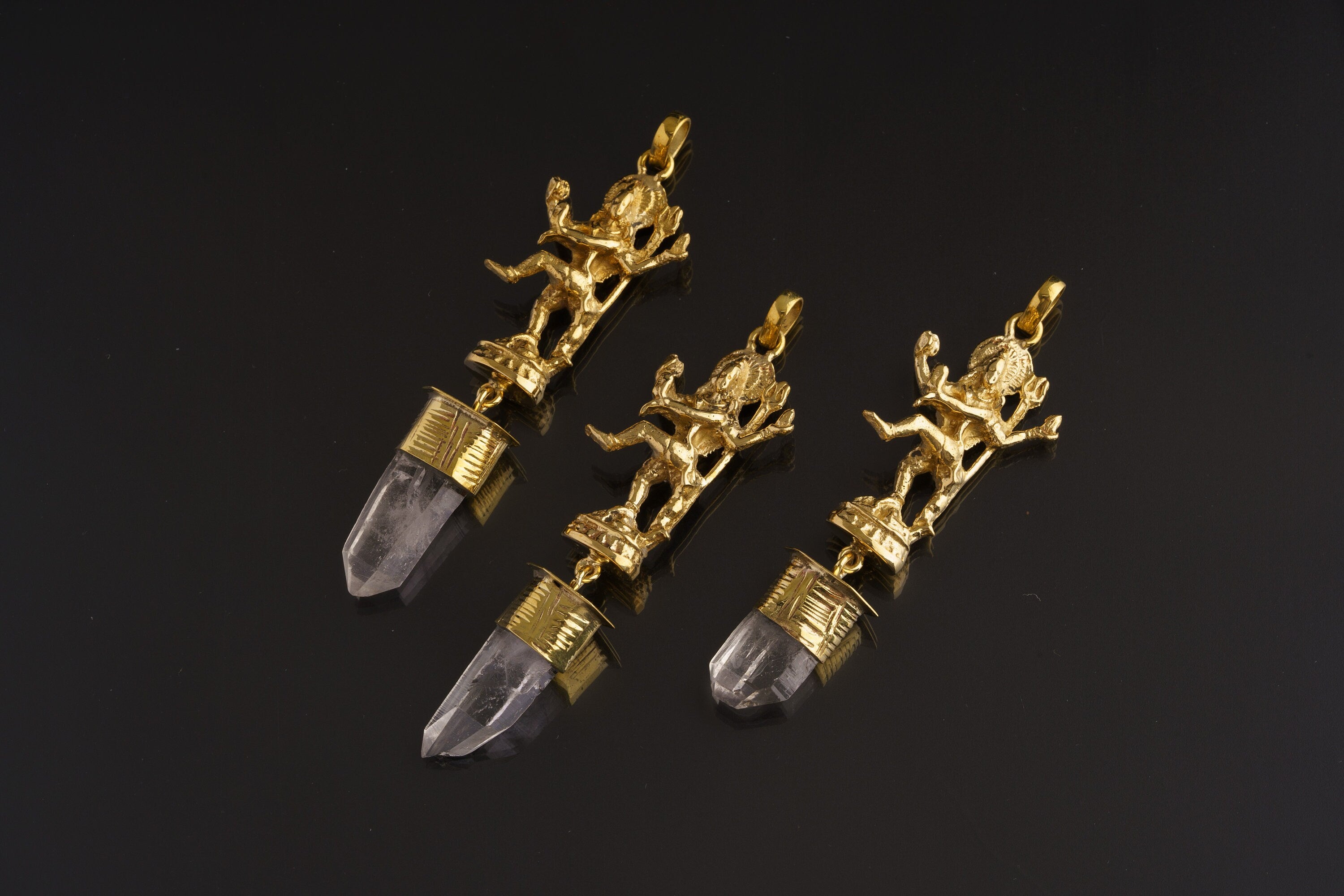 Dancing Shiva Gold Plated Brass Necklace: Himalayan Quartz Talisman Pendant