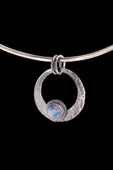 Hammered Oxidized Sterling Silver Moonstone Crescent Pendant: Cancer Zodiac