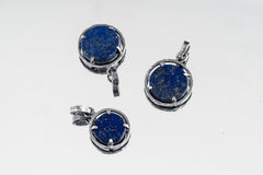 Brazilian Lapis Lazuli Pendant 925 Sterling Silver Oxidized Oval Frame Pyrite Throat Third Eye Chakra Necklace