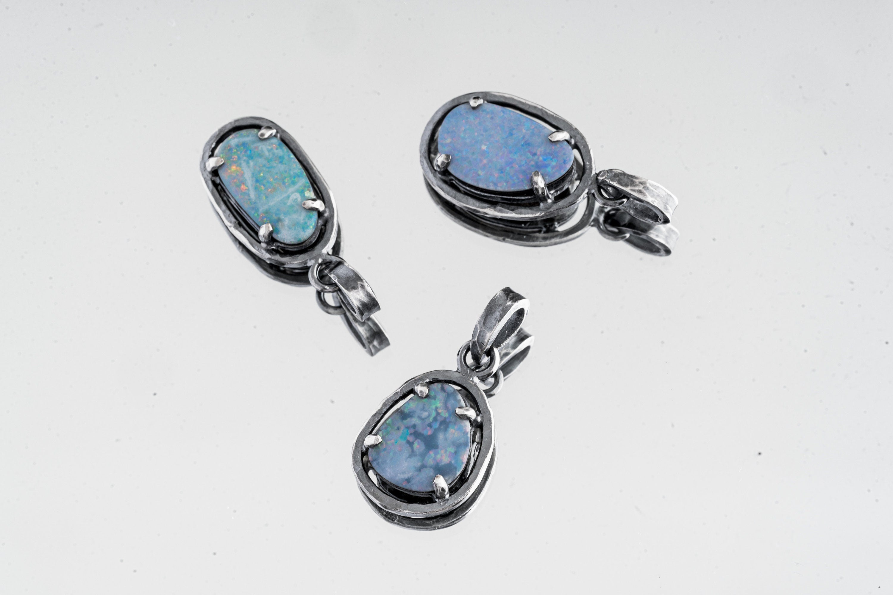 Oxidized Sterling Silver Opal Doublet Pendant: Hammered Texture