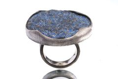 Front view of XXL Lapis Lazuli ring showing deep royal blue mineral surface and polished sterling silver band.