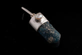 Blue Apatite South Sea Pearl wand pendant shown on a dark background with brushed 925 sterling silver cap and hinged bail.