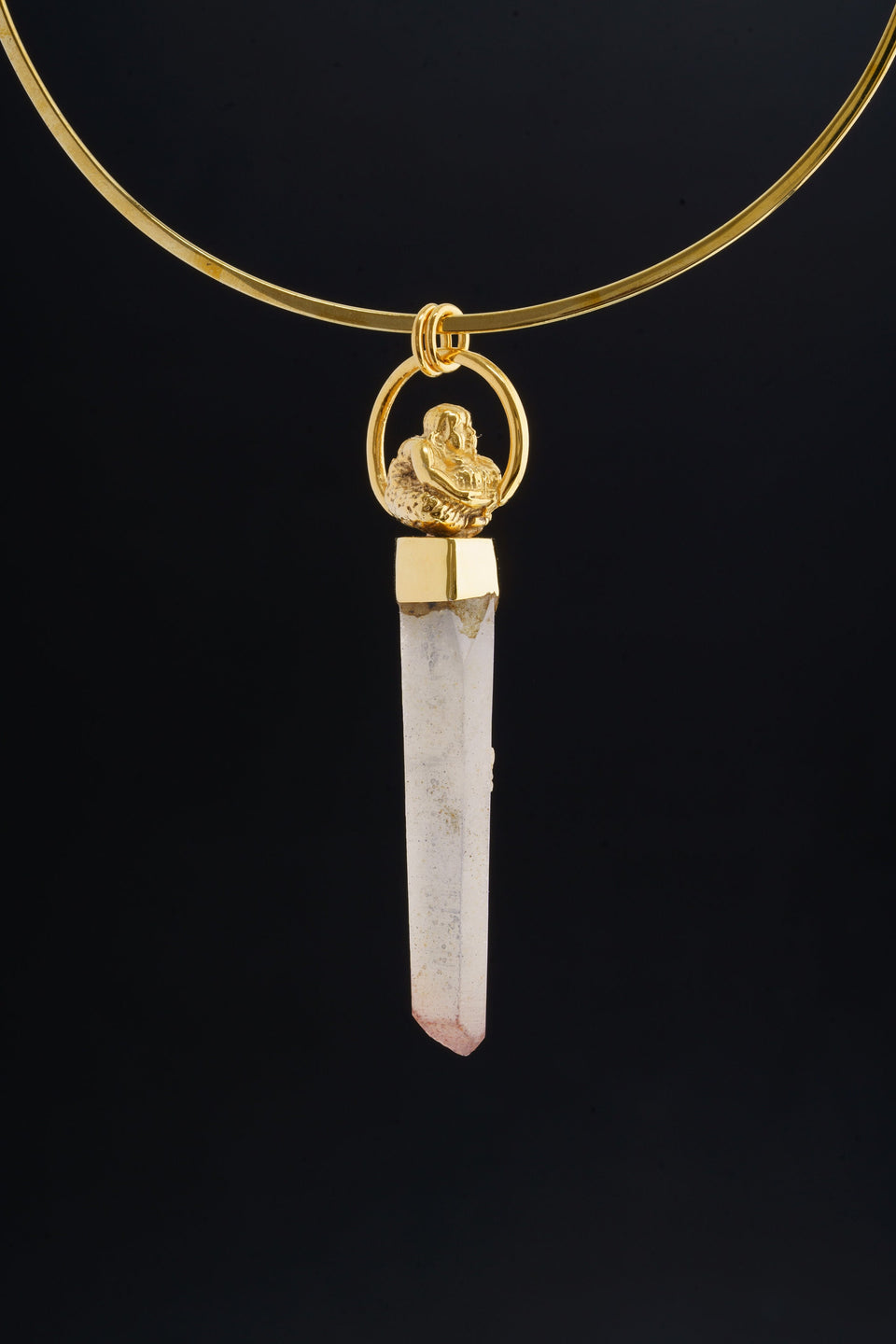 Buddha Clear Quartz Strawberry Quartz pendant displayed on a choker with warm gold-plated sterling silver.
