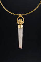 Buddha Clear Quartz Strawberry Quartz pendant displayed on a choker with warm gold-plated sterling silver.