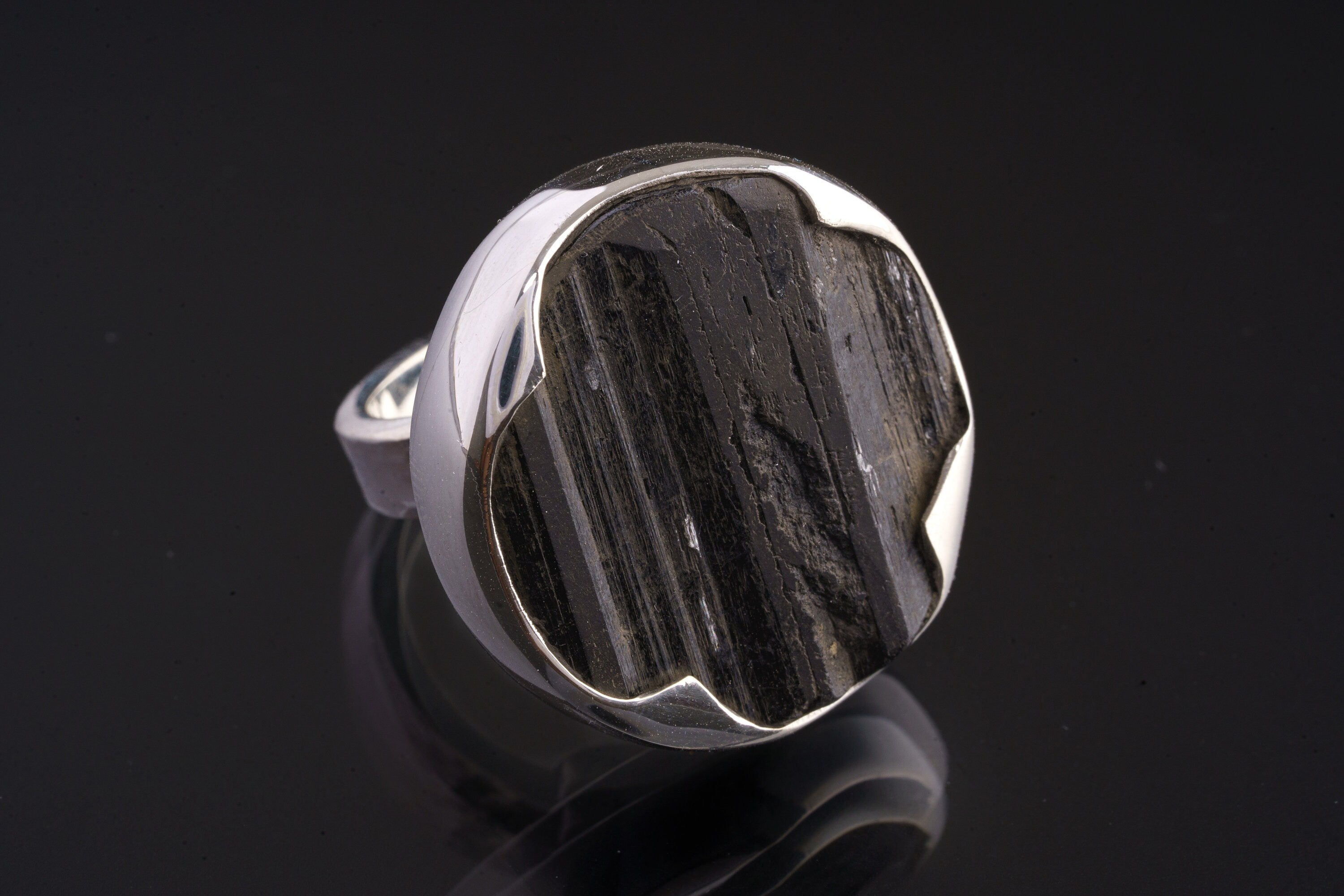 Black Tourmaline Ring 925 Sterling Silver Adjustable Waved Bezel Root Chakra Protection Grounding Gift