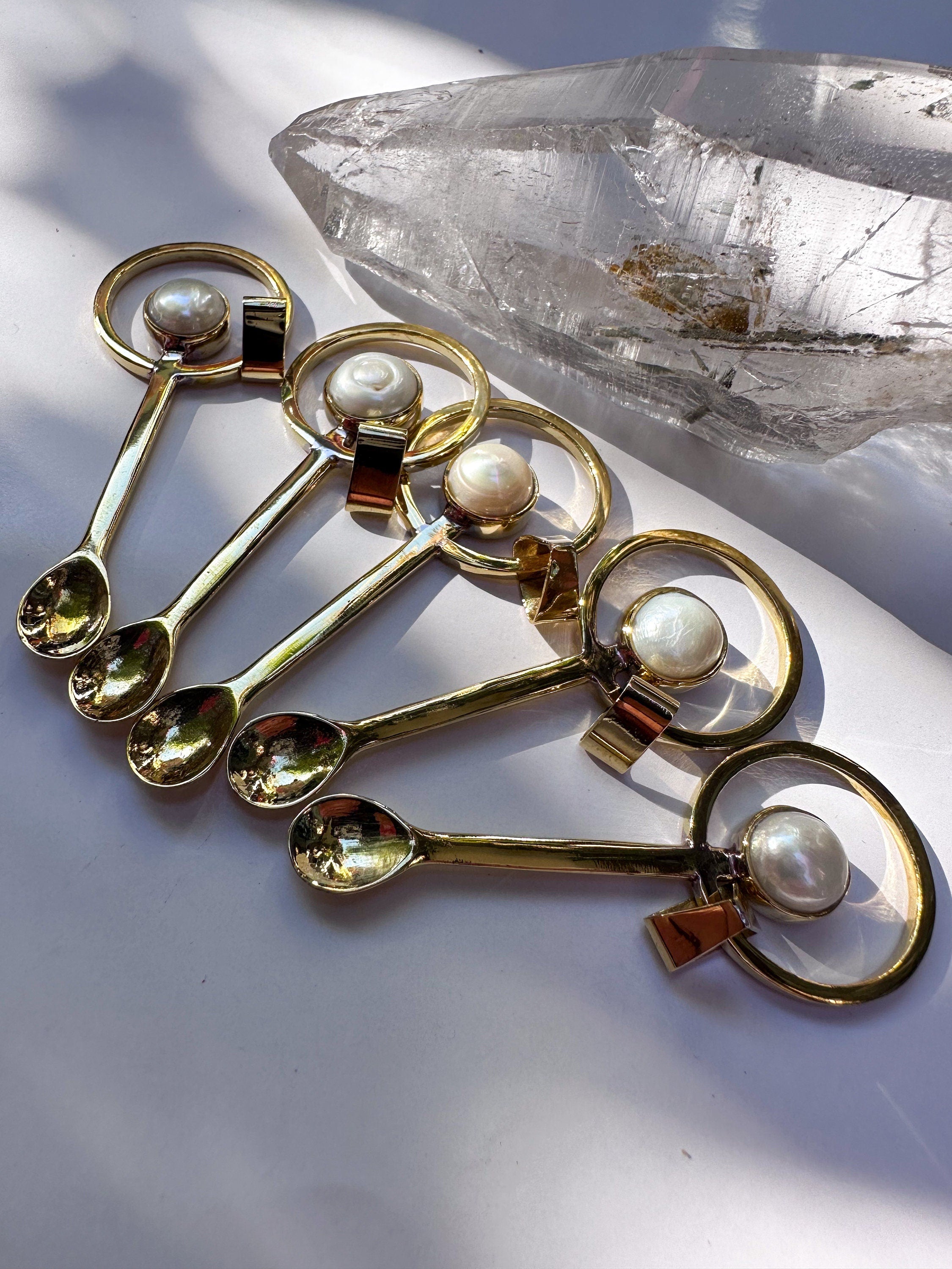 One iridescent South Sea Pearl - Gold plated Cast Brass Spice Spoon Pendant Necklace