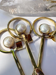 One iridescent South Sea Pearl - Gold plated Cast Brass Spice Spoon Pendant Necklace