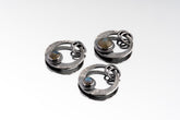 Three Rainbow Labradorite crescent moon pendants in oxidized 925 sterling silver, shown with hammered texture and circular flash stones.