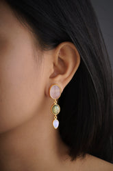 Rose Quartz, Labradorite, and Moonstone gold-plated stud earrings shown worn on the ear, with soft pink and luminous gemstones.