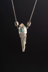 Himalayan Chlorite Quartz Nepalese Emerald Dravite pendant shown worn on a model, with oxidized 925 sterling silver and hoop chain.