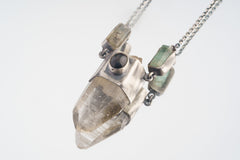 Celestial Echo Pendant: Himalayan Quartz, Black Star Sapphire, Aquamarine in Oxidized Sterling Silver