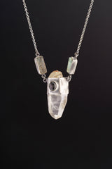 Celestial Echo Pendant: Himalayan Quartz, Black Star Sapphire, Aquamarine in Oxidized Sterling Silver