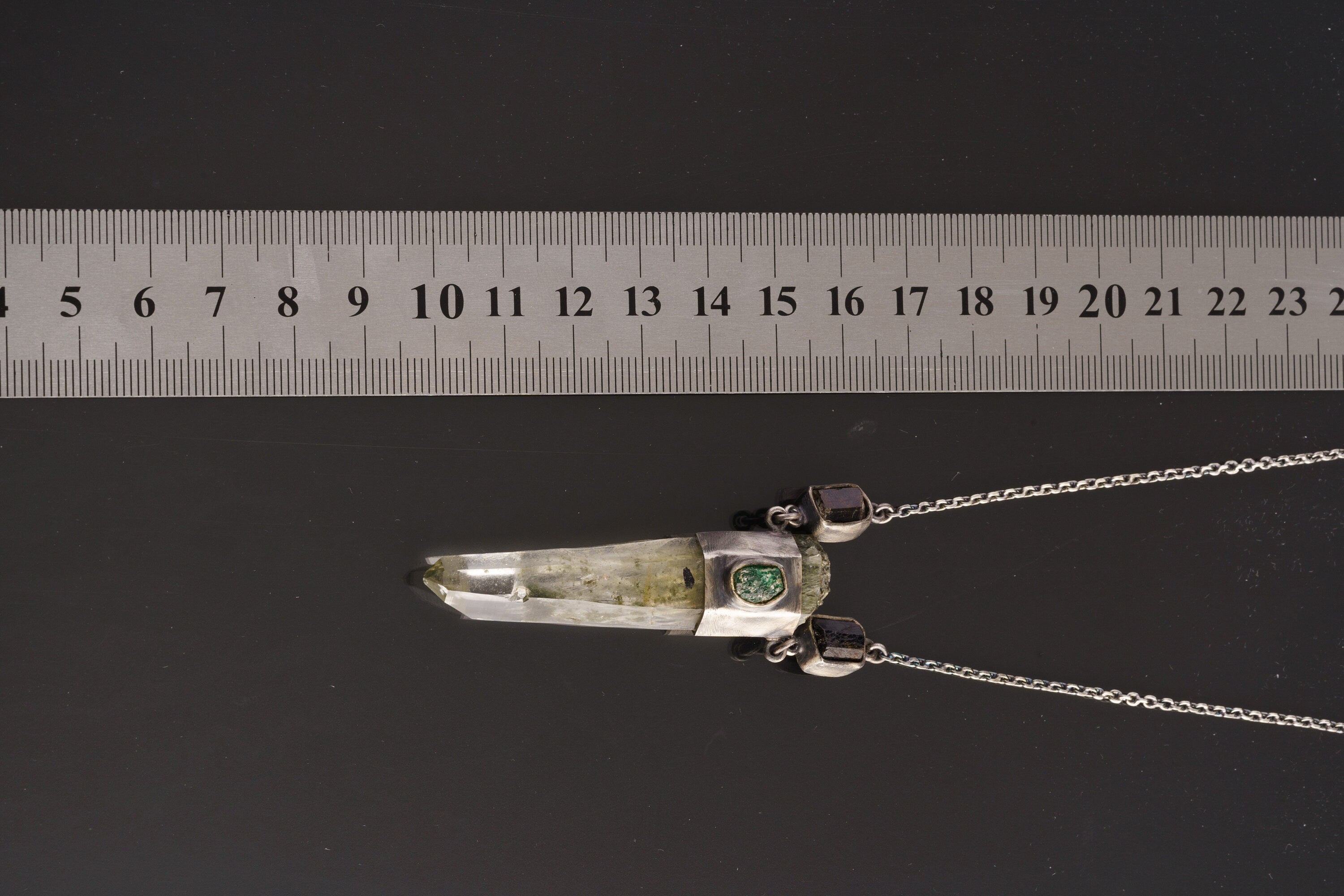 Verdant Quartz Relic Necklace shown beside a ruler for scale, with horizontal raw Quartz Point measuring approximately 7 cm long.