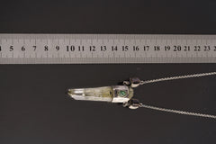 Verdant Quartz Relic Necklace shown beside a ruler for scale, with horizontal raw Quartz Point measuring approximately 7 cm long.