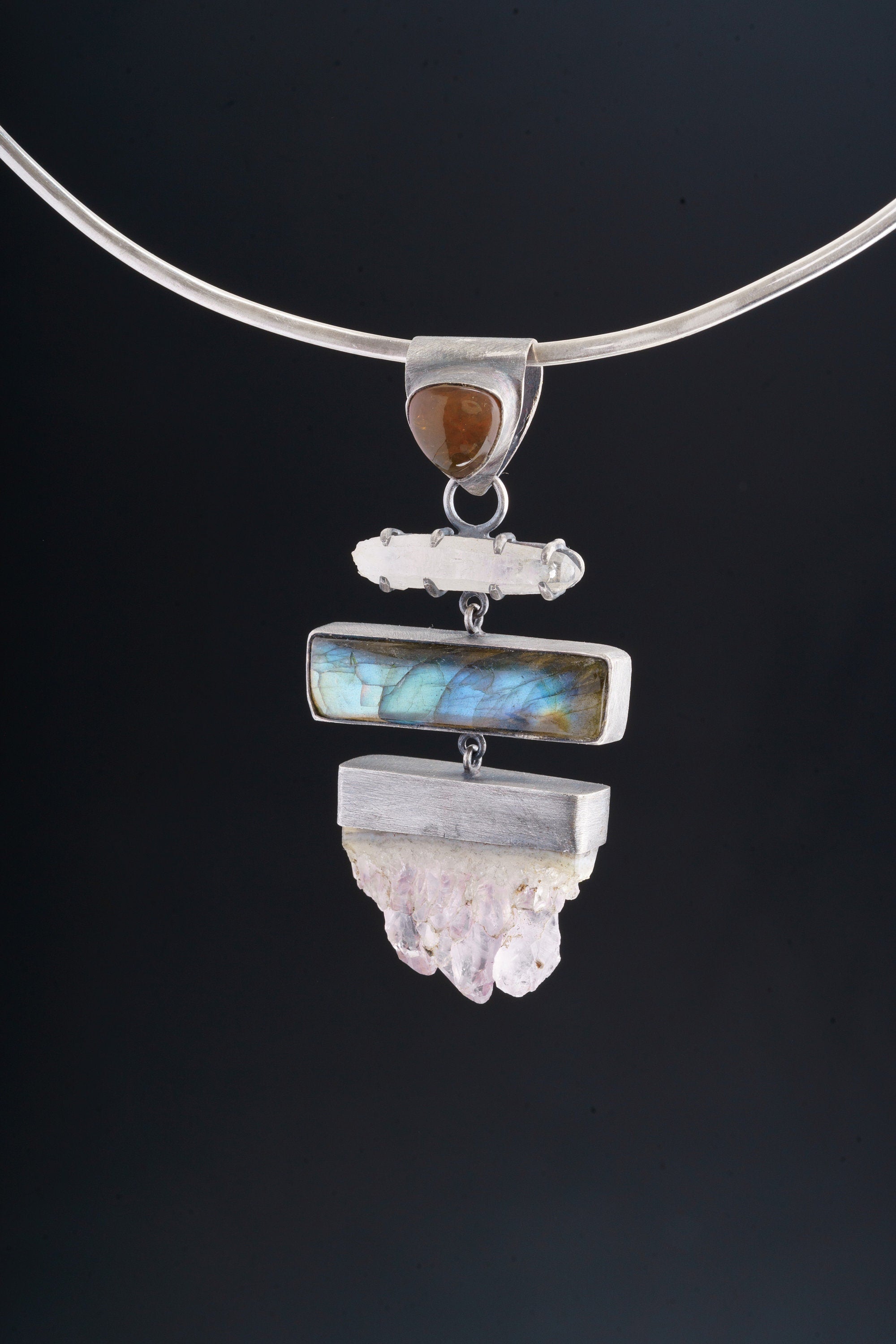 Oxidized Sterling Silver Amethyst Geode Pendant: Labradorite, Opal & Lemurian Quartz