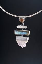 Oxidized Sterling Silver Amethyst Geode Pendant: Labradorite, Opal & Lemurian Quartz