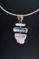 Oxidized Sterling Silver Amethyst Geode Pendant: Labradorite, Opal & Lemurian Quartz