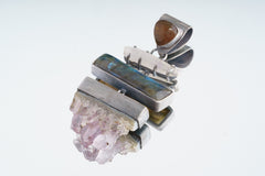 Oxidized Sterling Silver Amethyst Geode Pendant: Labradorite, Opal & Lemurian Quartz