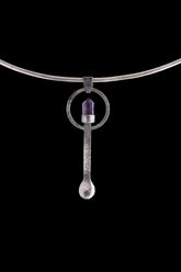Amethyst ritual spoon pendant shown on a silver choker, with solid 925 sterling silver and purple generator stone.
