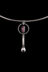 Rubellite Tourmaline silver spoon pendant displayed on a choker, showing wearable talisman styling and spoon form.
