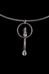 Double Terminated Vera Cruz Amethyst ritual spoon pendant displayed on a choker, showing wearable talisman styling.
