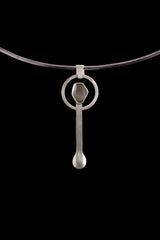 Aquamarine sterling silver spoon pendant displayed on a choker, showing wearable talisman styling.