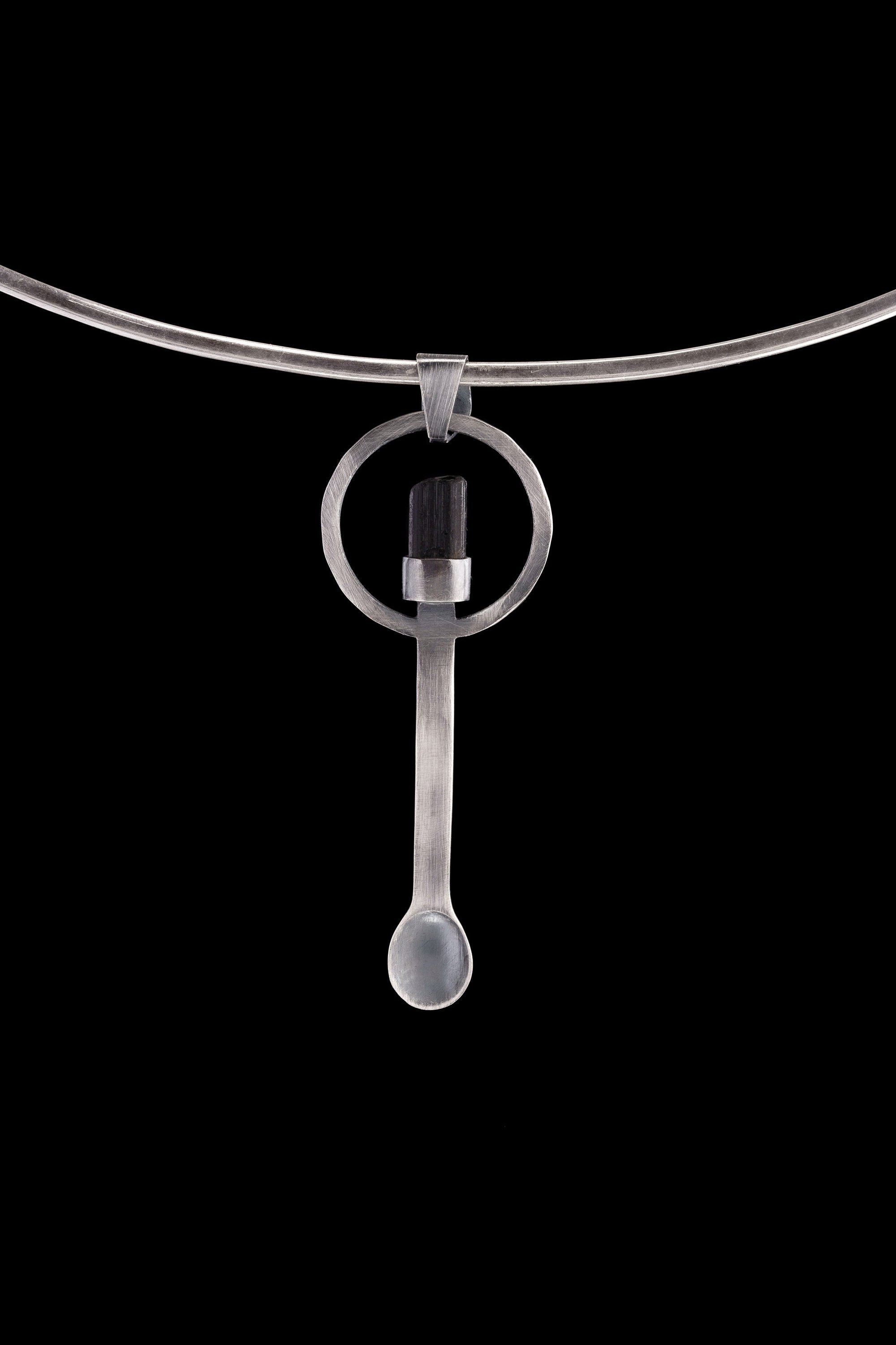 Black Tourmaline Spoon Necklace: Oxidized Sterling Silver Crystal Pendant
