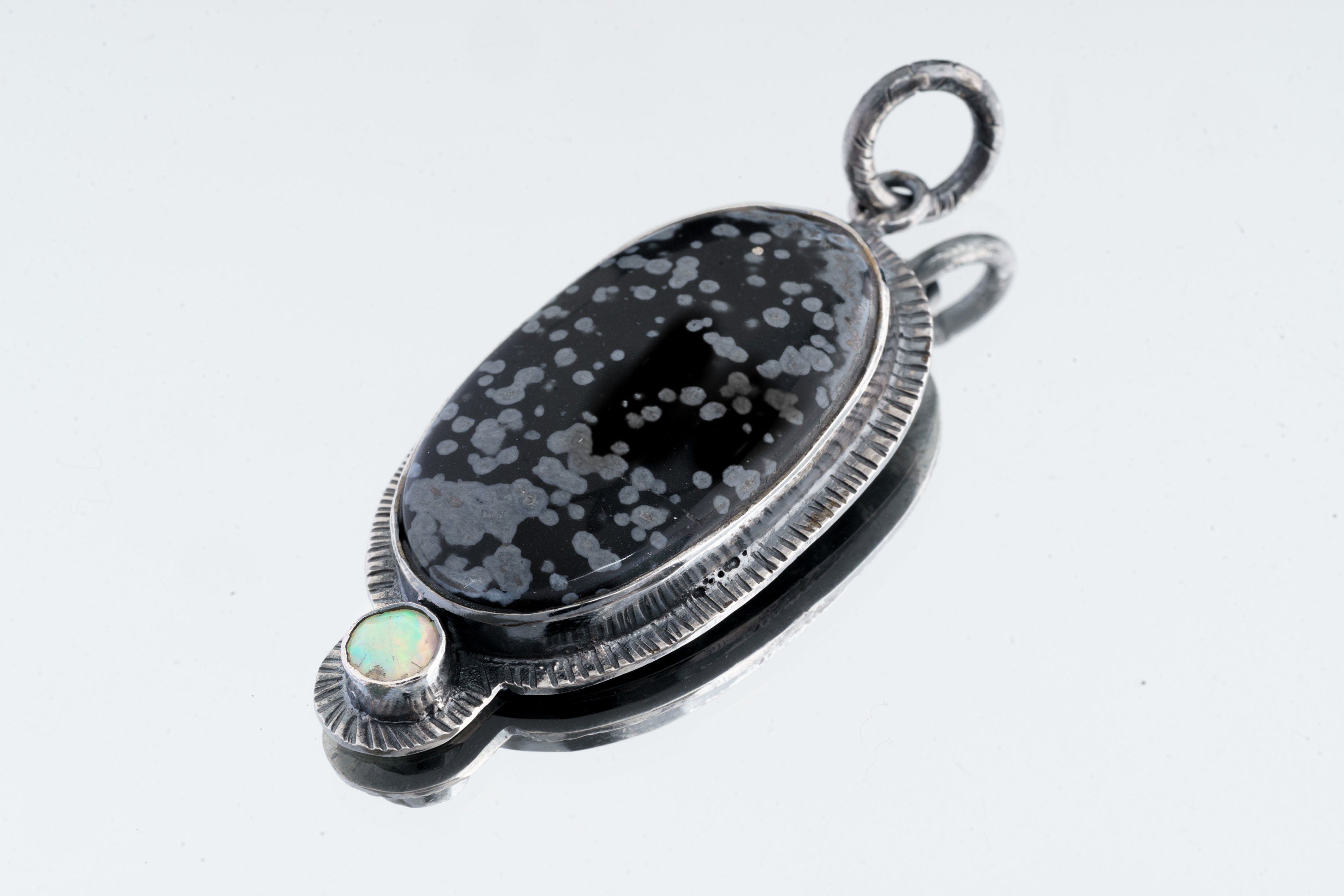 Dalmatian Jasper Paired Faceted Ethiopian Opal Pendant - Oxidised Sterling Silver with Sun Ray Details